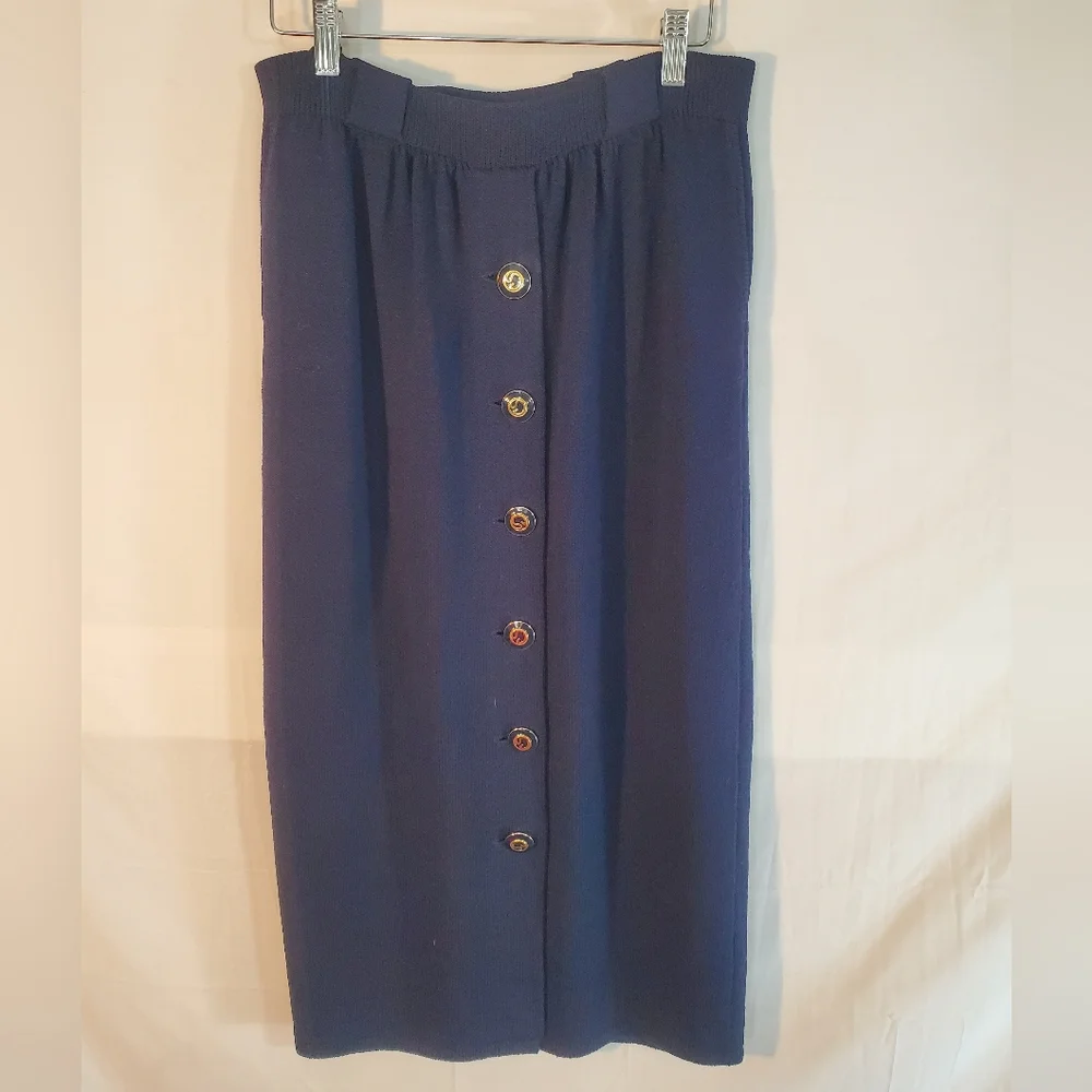 St John Women's 6 Blue Santana Knit Skirt 28" Waist 32" Waist Buttons Pockets - Picture 1 of 5